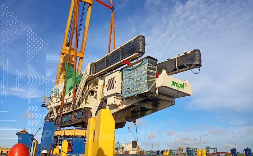 Our magnificent track mounted equipment is lifted for the voyage to Africa.